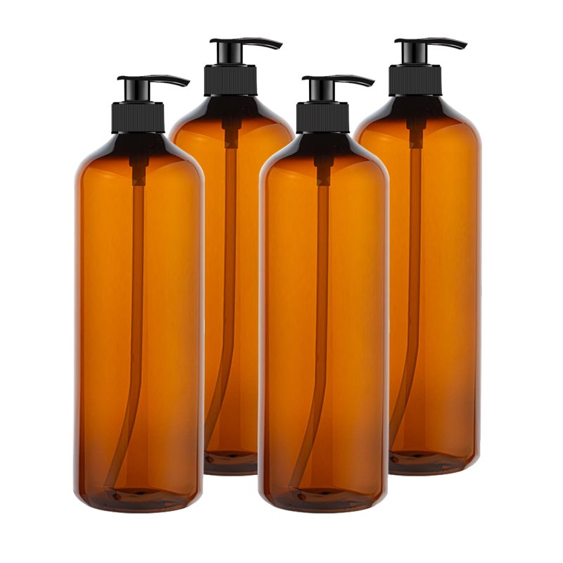 zmybcpack 4 Pack 32 OZ Empty Plastic Pump Bottles With 1 Pen Labels  Silicone Funnel Amber Empty Shampoo Bottles with Pumps For Body Wash Shampoo Massage Lotion Gel